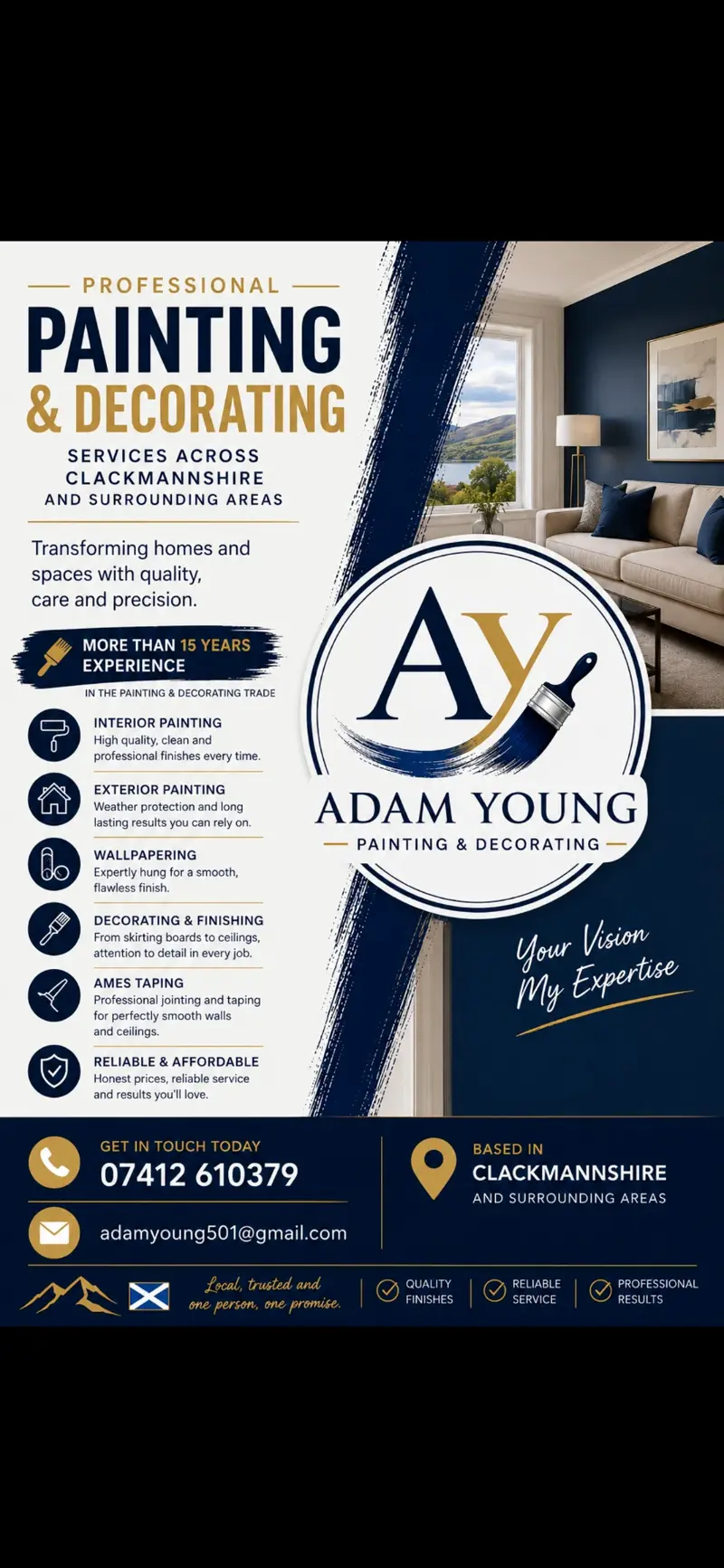 Adam Young Painting & Decorating flyer listing interior painting, exterior painting, wallpapering, decorating and finishing, Ames taping, and contact details