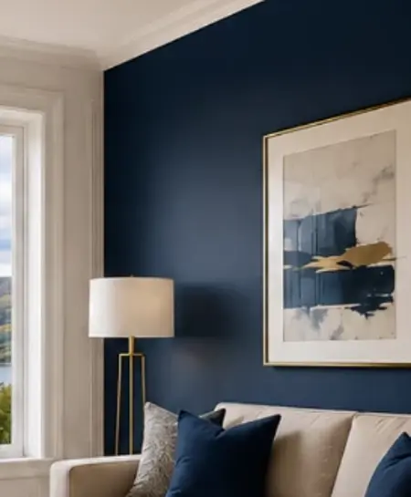 A freshly decorated living room with a deep navy feature wall, cream sofa and large window